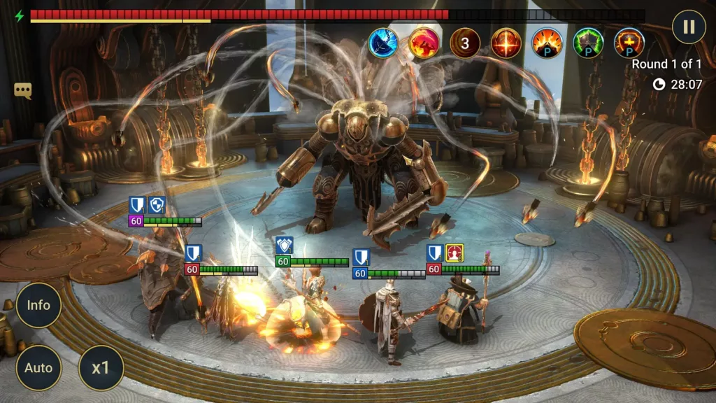 A screenshot from the mobile game Raid: Shadow Legends showing a turn-based battle against a large, central monster with several smaller hero characters surrounding it.