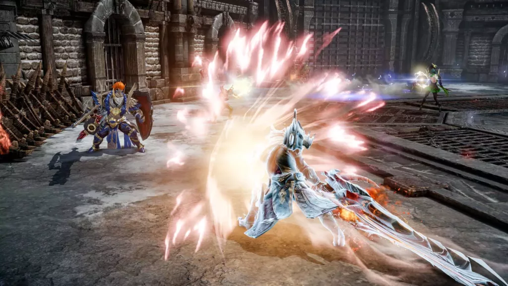 A character in Lost Ark unleashes a powerful, glowing attack with a large sword against a knight-like enemy in a stone arena.