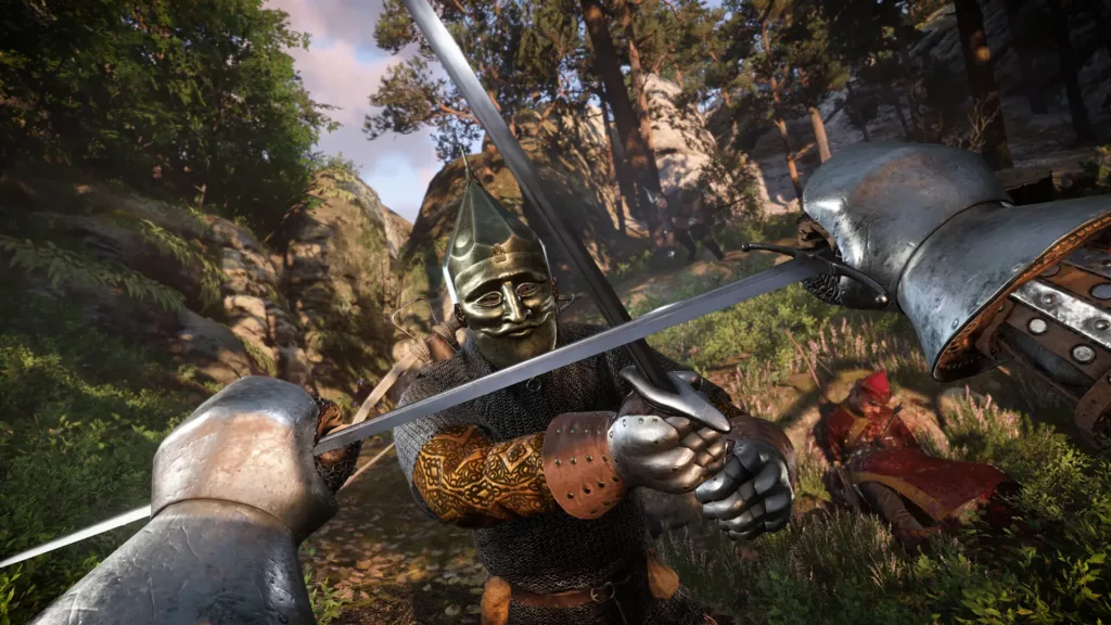 Gameplay screenshot from Kingdom Come: Deliverance II showcasing combat from the player’s perspective