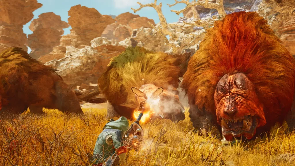 Gameplay screenshot from Monster Hunter Wilds showcasing the scenery from the player’s perspective.