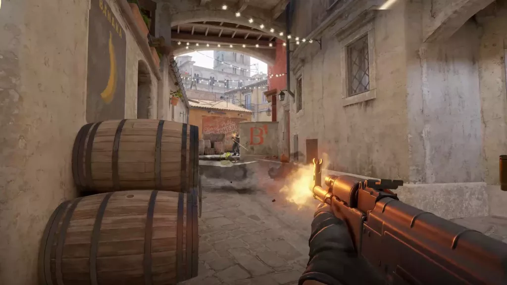 Gameplay screenshot from Counter-Strike 2, depicting the intense and challenging PvP combat.