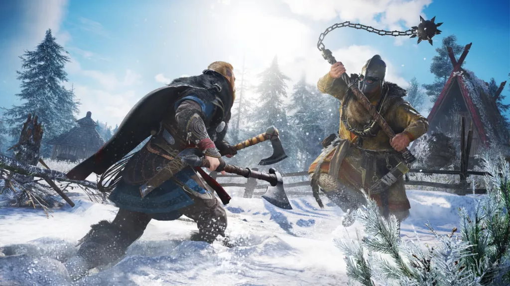 Gameplay screenshot from Assassin’s Creed Valhalla, depicting the scenery, the player character, and the world around them.