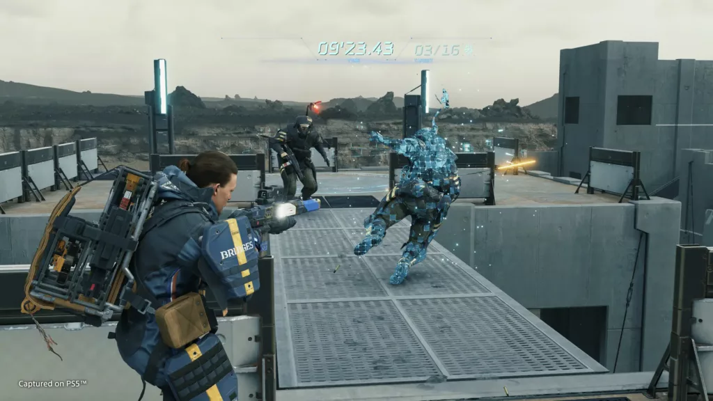 Gameplay screenshot from Death Stranding: Director’s Cut, depicting the world scenery and the player character.