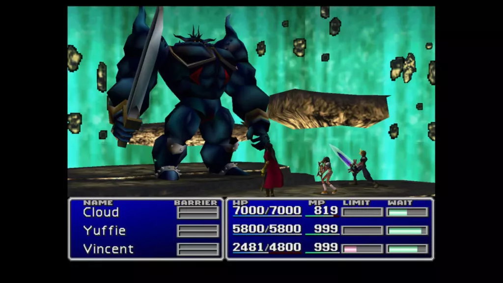 Screenshot of Cloud, Yuffie, and Vincent fighting monster in Final Fantasy VII.