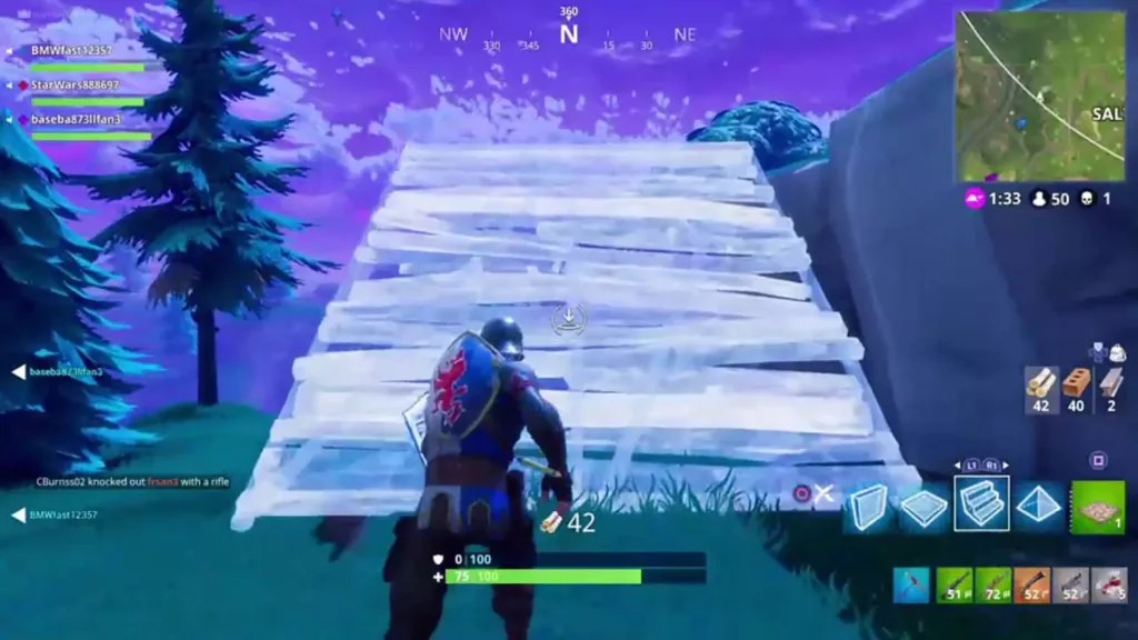Screenshot of a player in Fortnite building a ramp.