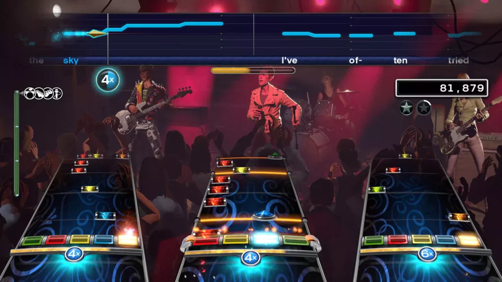 Screenshot of Rockband gameplay.