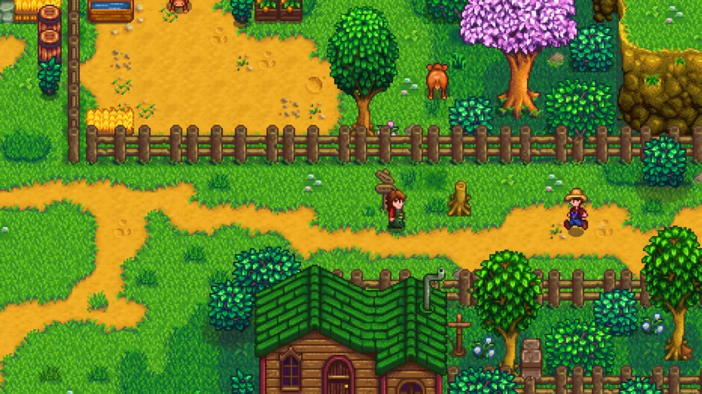 Screenshot of a player working on a farm in Stardew Valley.