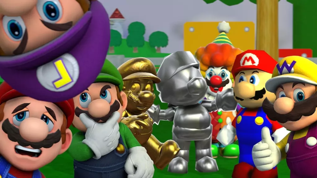 Collage of Mario from different Super Mario action games.