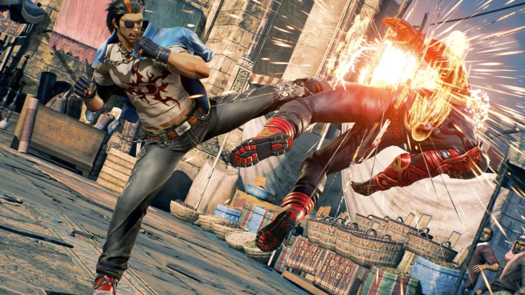 Screenshot of Jin Kazama kicking Devil Jin in Tekken 8.