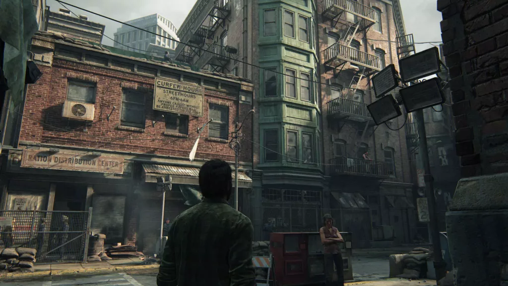 Screenshot of Joel looking at buildings in The Last of Us.