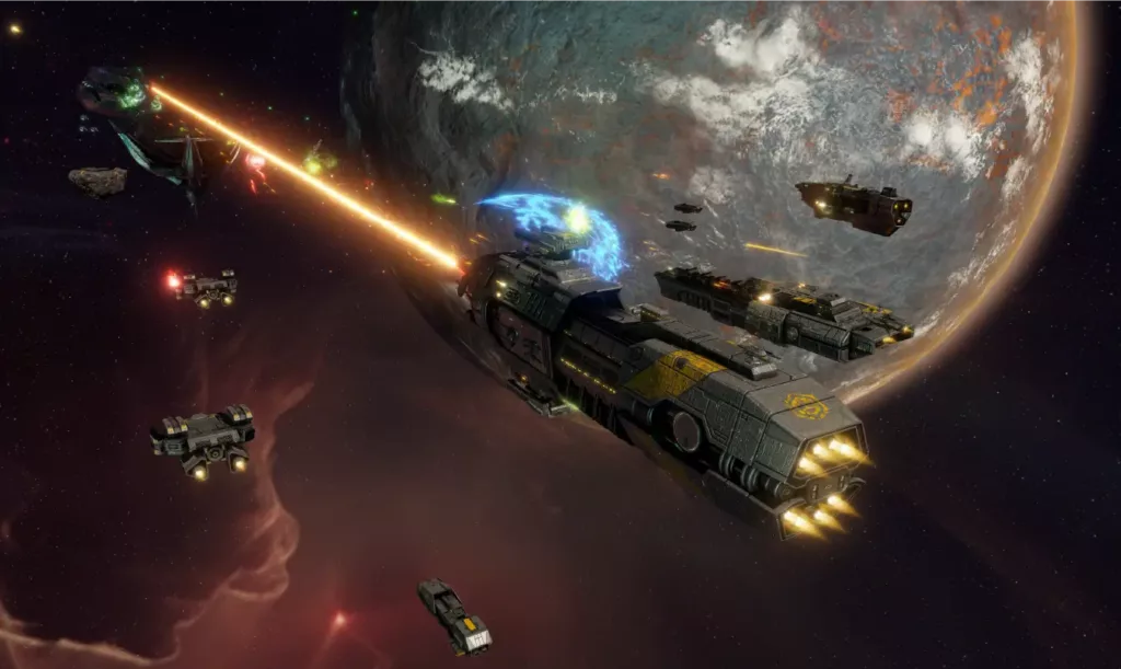 Screenshot of capital ships battling in Sins of Solar Empire II.