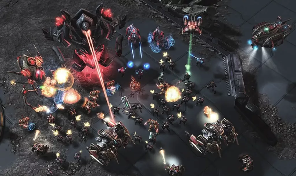 Screenshot of a Terran vs. Zerg battle in Starcraft II.