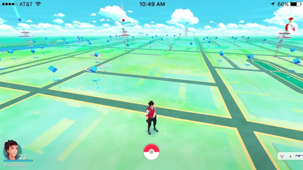 Gameplay screenshot from Pokémon GO, showcasing the game environment and player UI