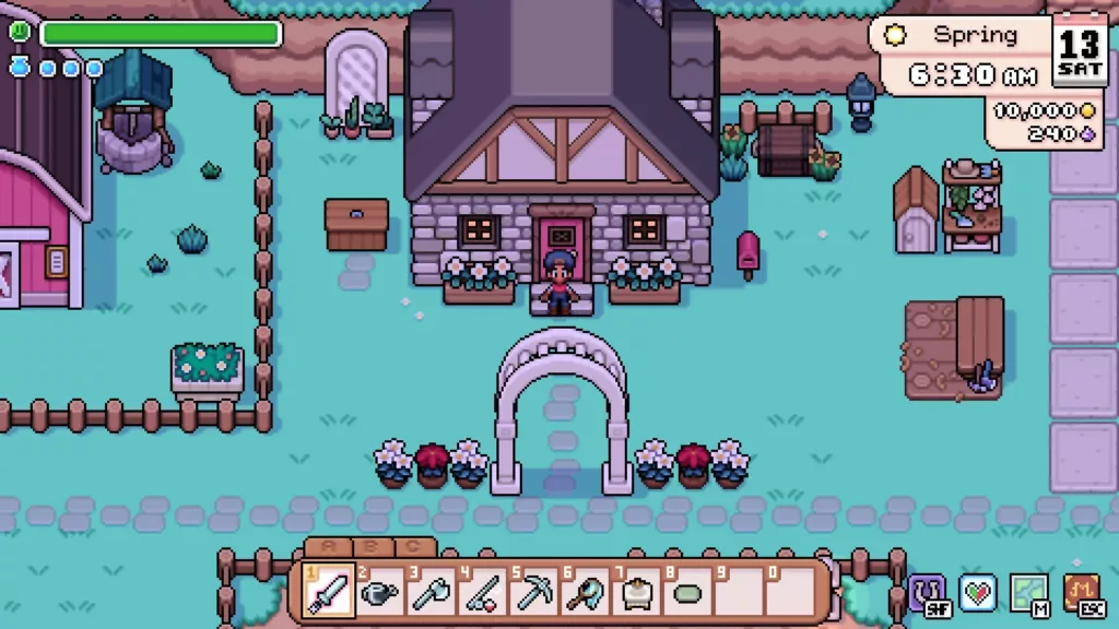 Gameplay screenshot from Fields of Mistria, showcasing the game environment and player UI