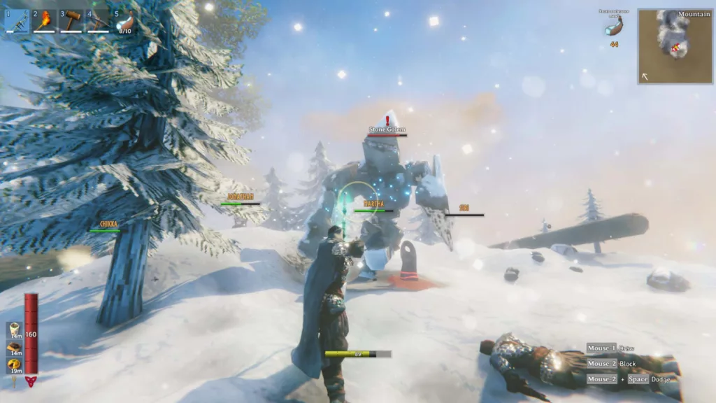 The game Valheim showing a snowy scene with a robot.