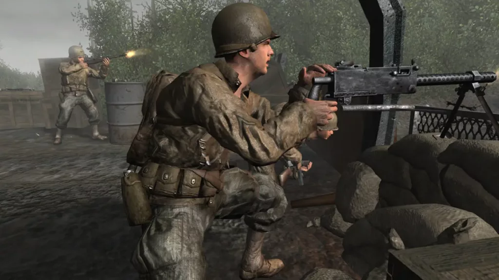 A soldier using a turret in Call of Duty 2