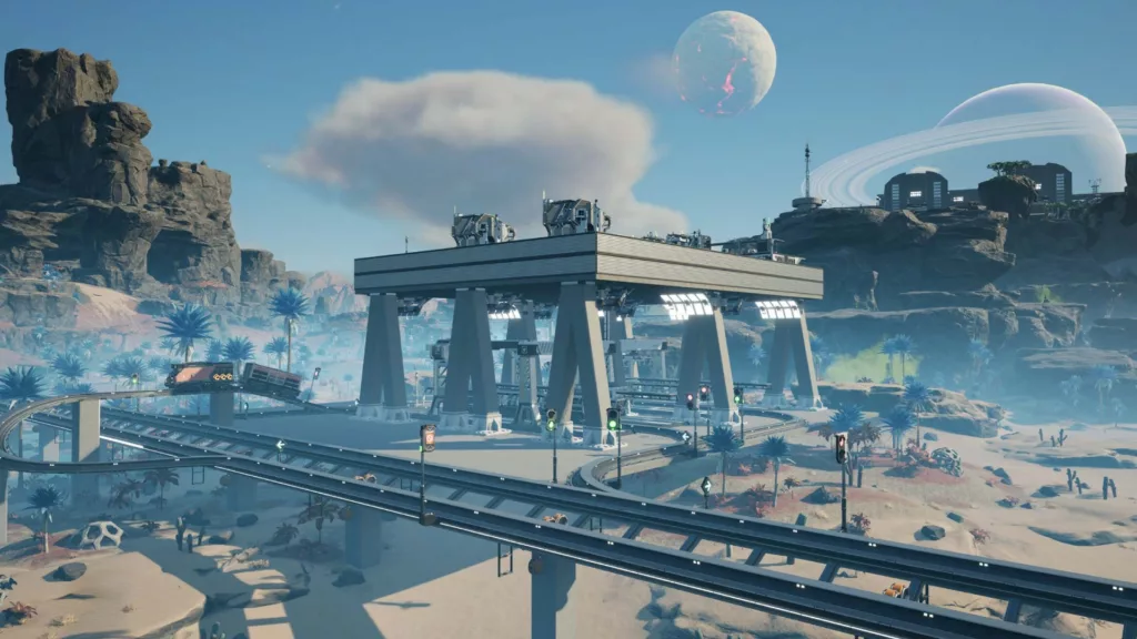 The game Satisfactory showing a railway track