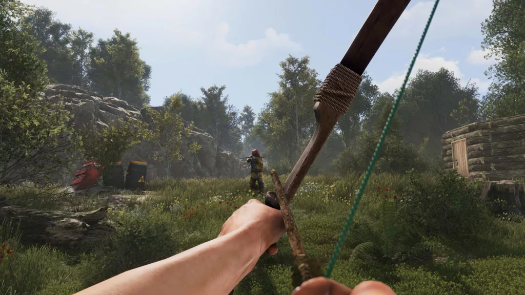 The game Rust with someone aiming a bow and arrow at another person