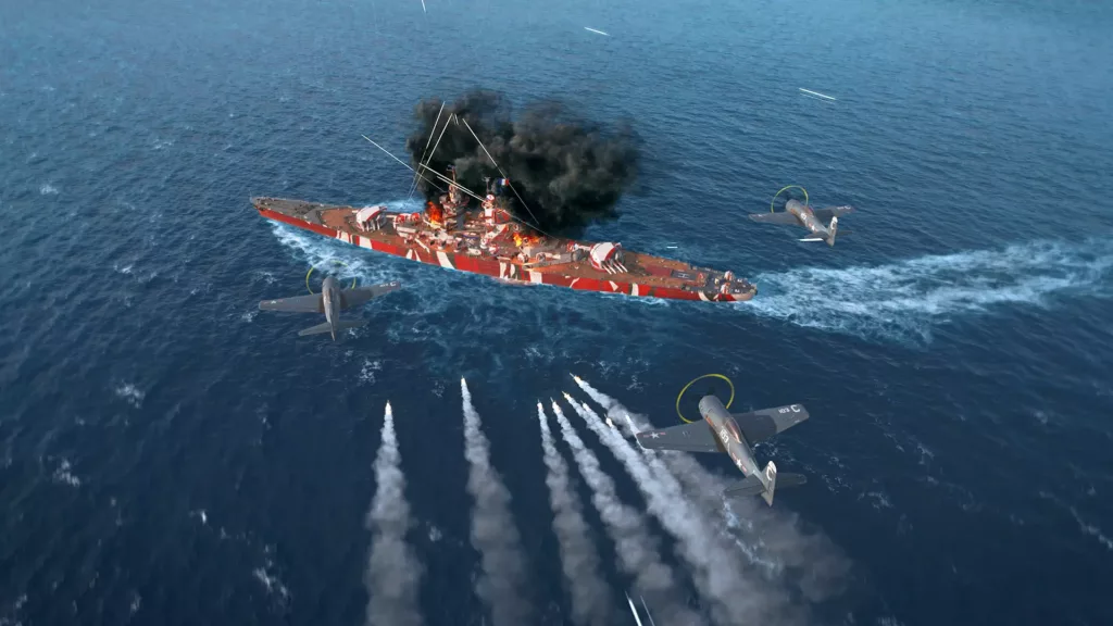 A ship being attacked in World of Warships