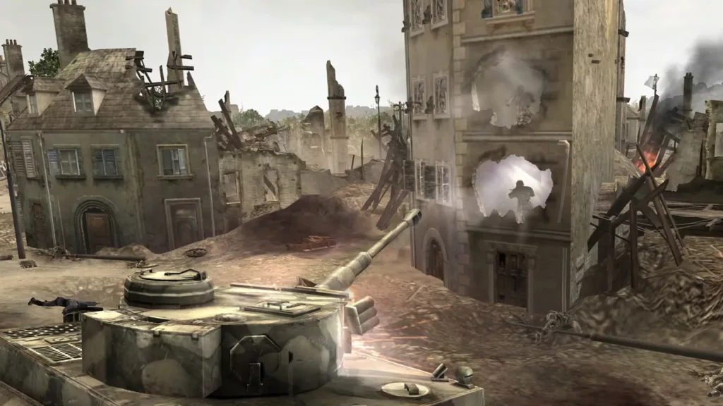 A tank and soldier facing each other in Company of Heroes