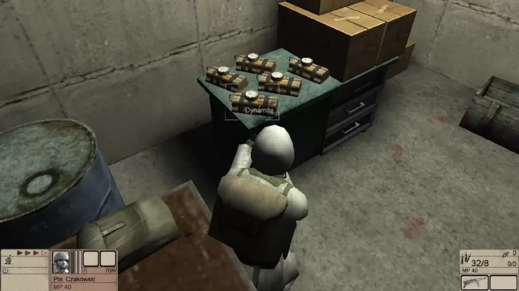 A third-person perspective of a soldier looking at a dynamite in Hidden & Dangerous 2