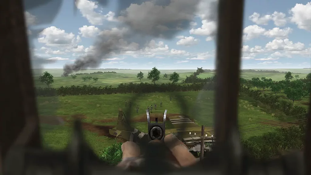 Looking through a gun’s iron sights in Brothers in Arms: Road to Hill 30