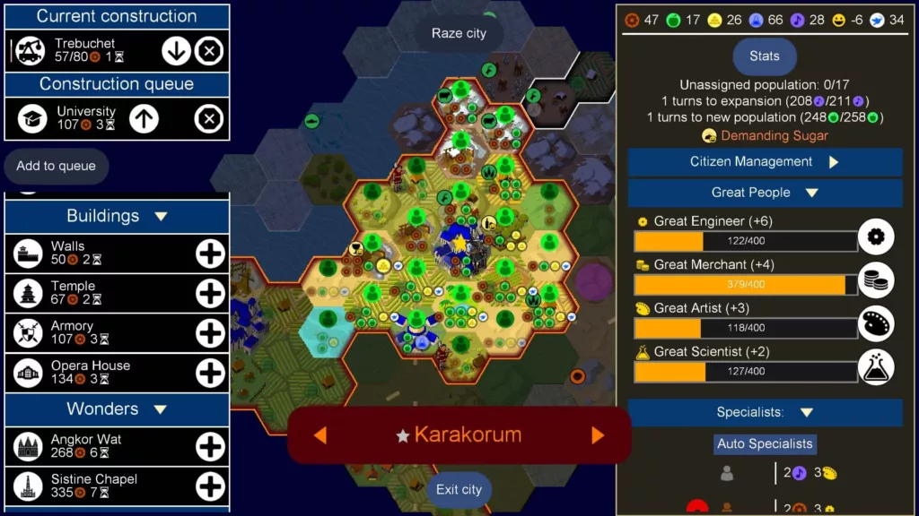 Screenshot of Unciv Mobile gameplay.