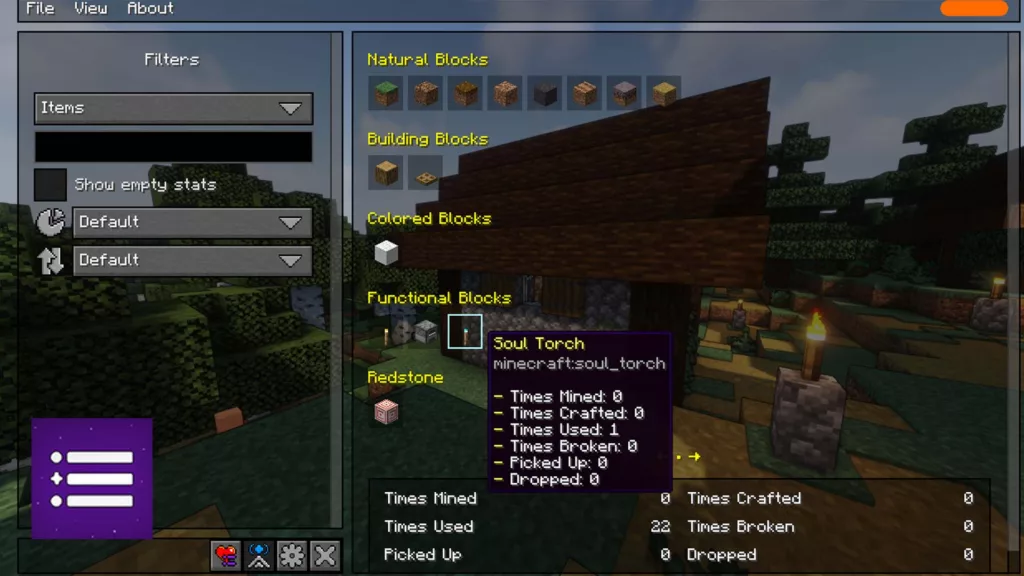 Screenshot of a Minecraft mod called Better Statistics Screen.