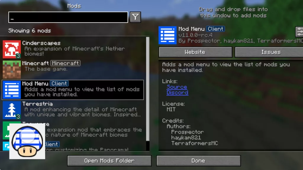 Screenshot of a Minecraft mod called Mod Menu.