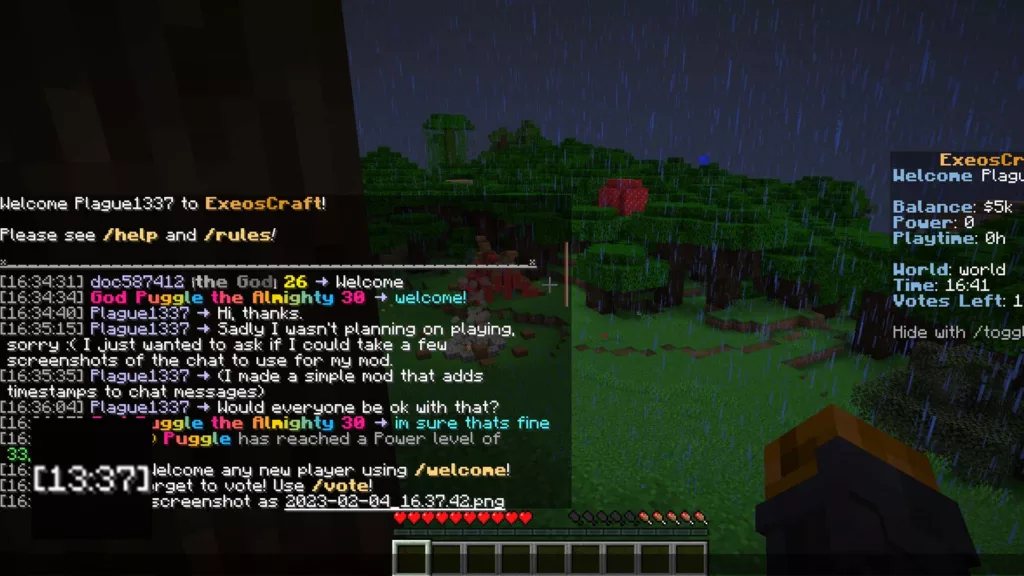 Screenshot of a Minecraft mod called Plague’s Chat Timestamps.