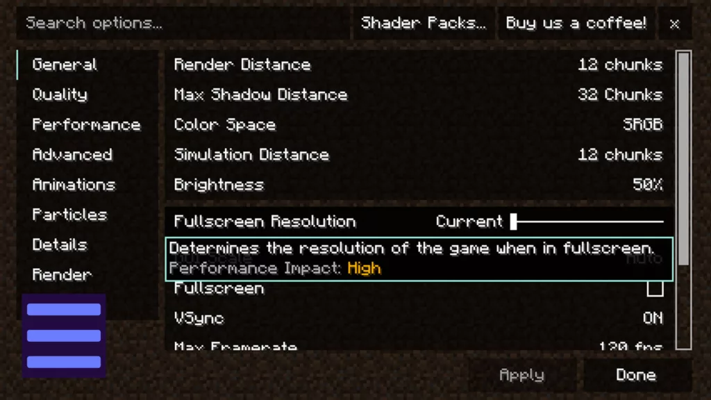 Screenshot of the Minecraft mod called Reese’s Sodium Options.