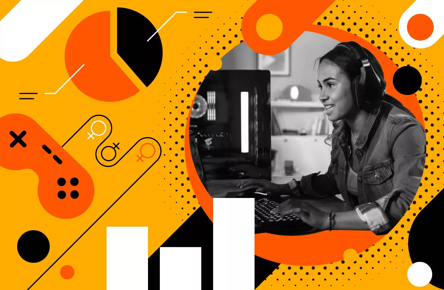 A female gamer wearing headphones with orange and yellow illustrations around her.