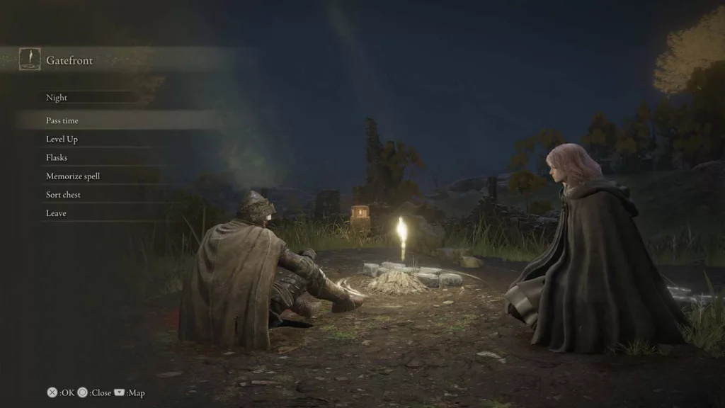 Screenshot of Melina from Elden Ring at the Site of Grace.