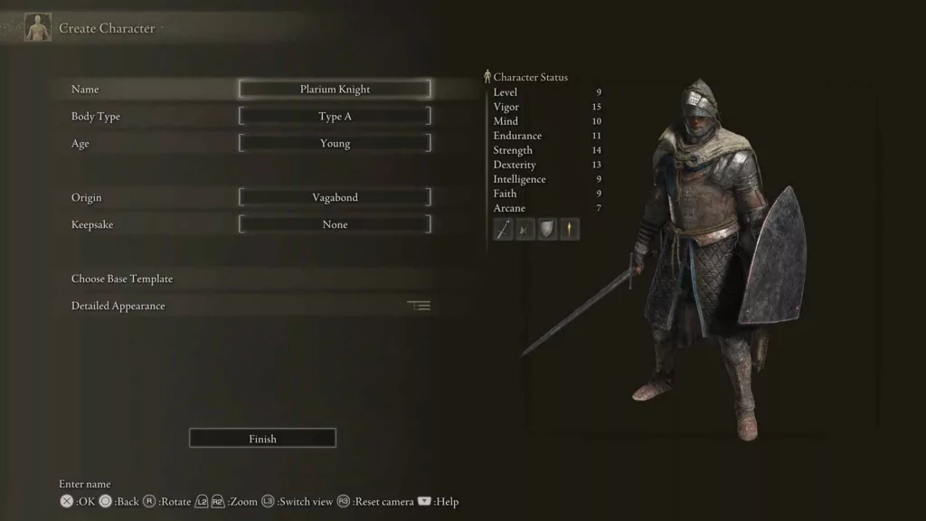 Screenshot of the Elden Ring character creation screen.