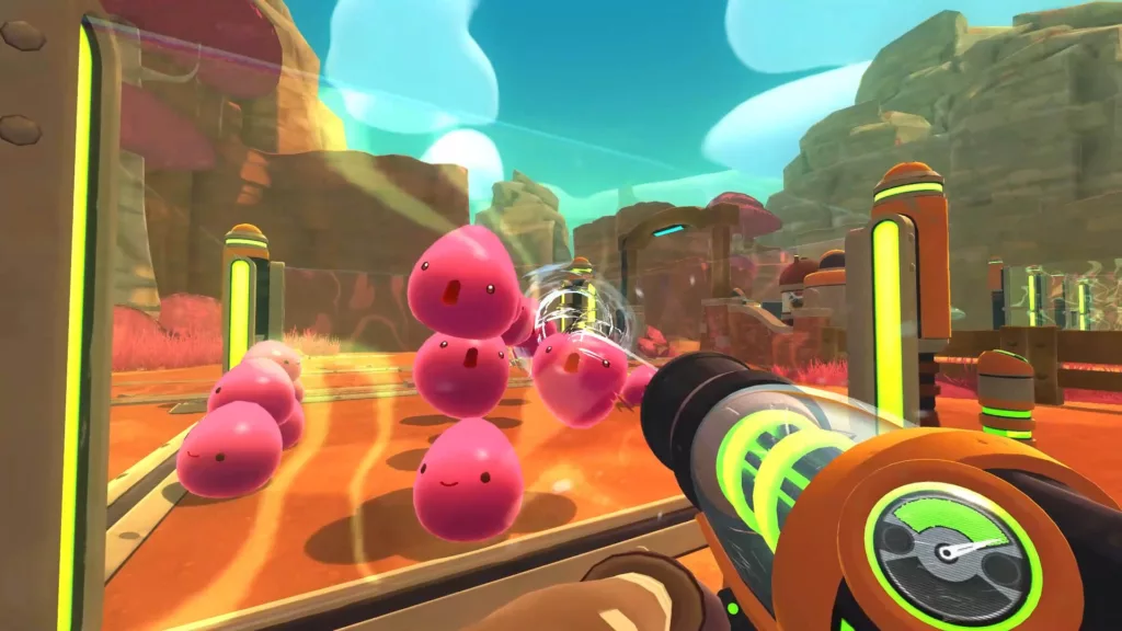 Player gathering pink slimes in Slime Rancher.