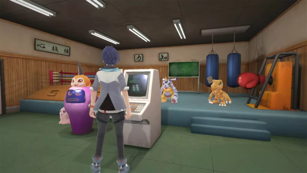 Digimon World: Next Order player at terminal with Palmon, Guilmon, Terriermon, and Agumon.