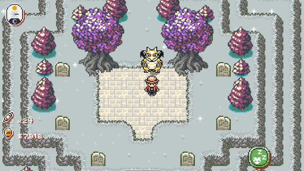 Screenshot of a player walking through a forest area in Monster Crown.
