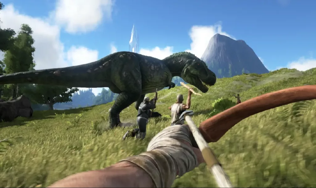 Player getting ready to fire an arrow at a T-Rex in Ark: Survival Evolved.