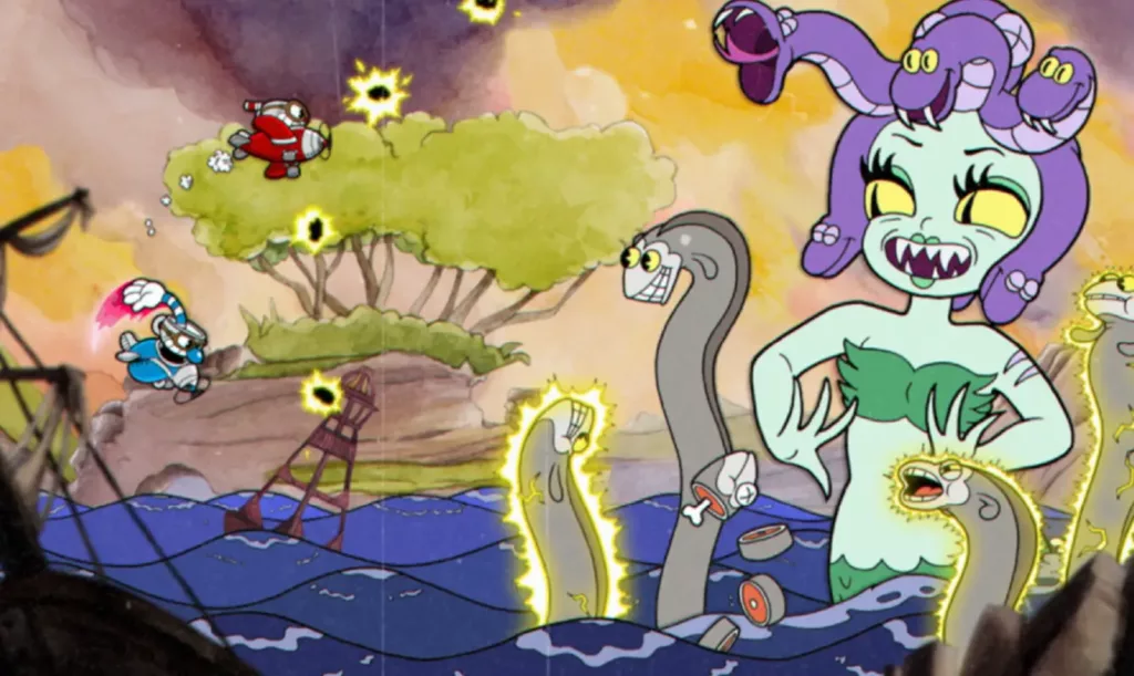Cuphead and Mugman fighting Cala Maria in planes.