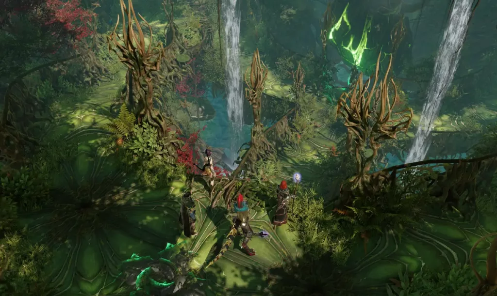 Four characters in combat in an overgrown forest area in Divinity Original Sin 2.