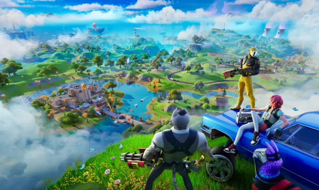 Three Fortnite characters hanging out on a car overlooking the island from a hill.