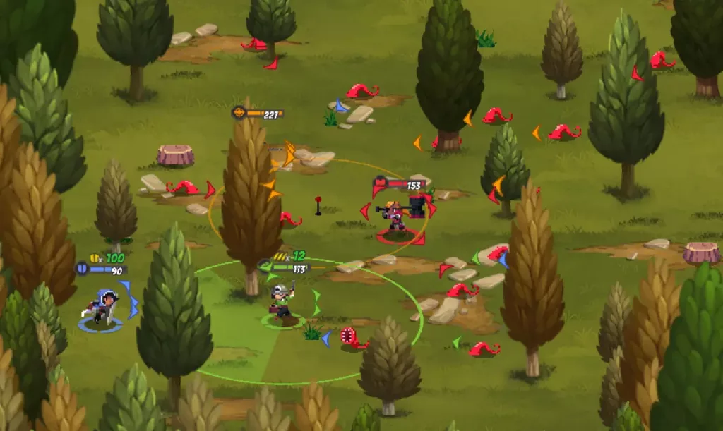Players in Full Metal Furies engaging in combat in a forest.