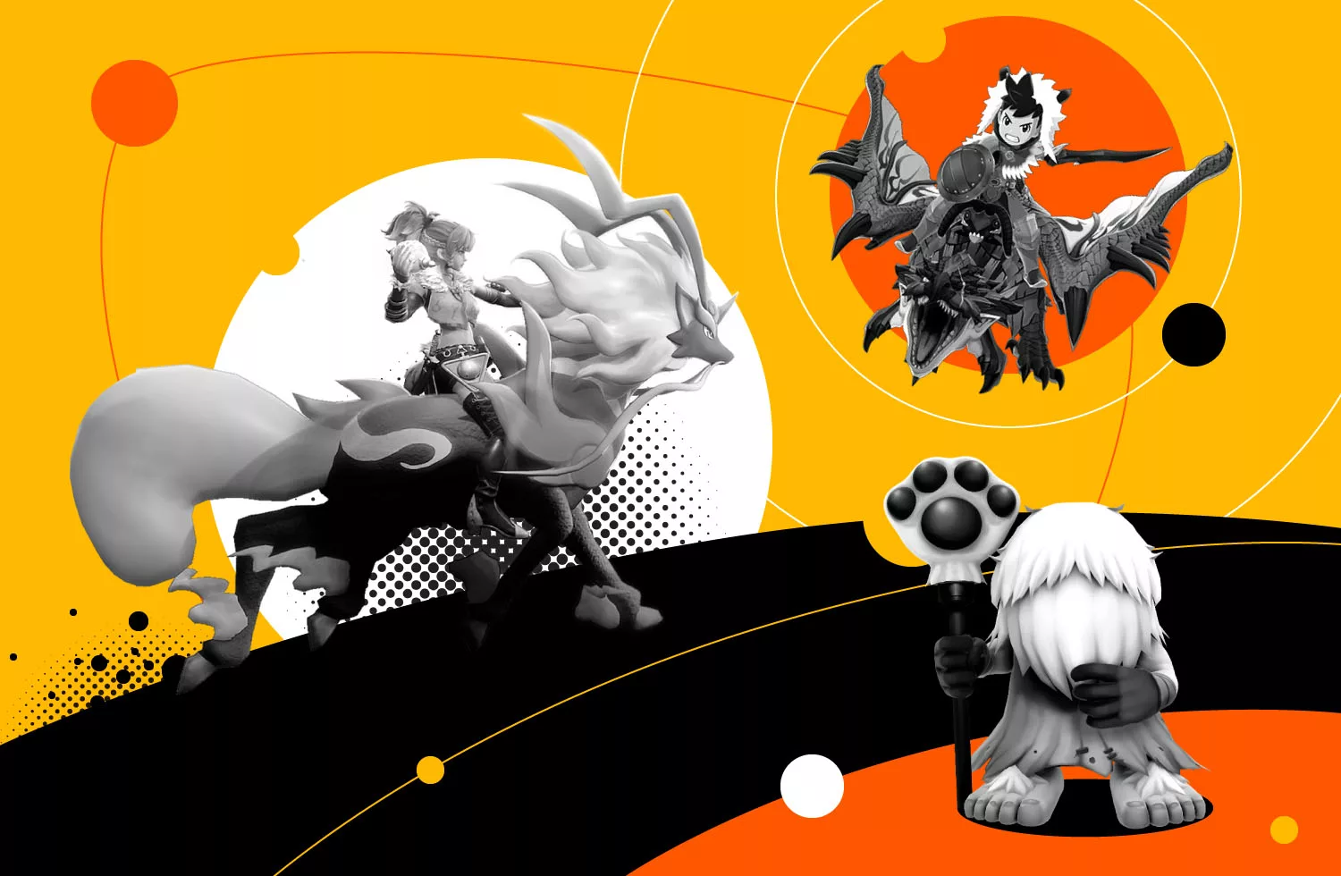 Collage from games like Pokémon, including Palword and Monster Hunter Stories.