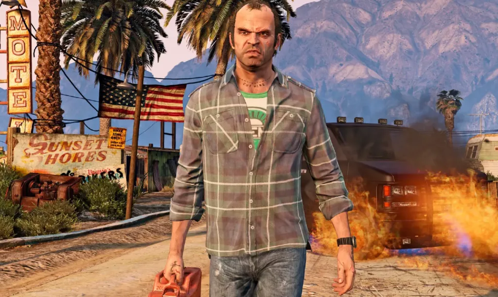 Trevor Phillips walking away from a burning car in Grand Theft Auto 5.