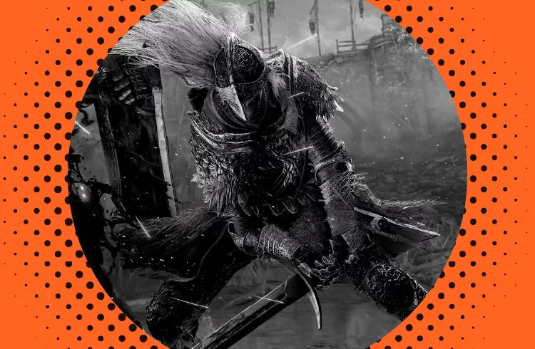 Graphic Elden Ring player in battle.