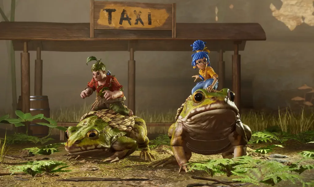 Cody and May from It Takes Two riding on frogs.