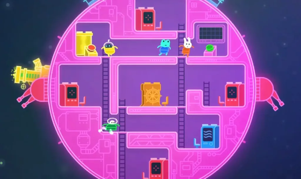 Four characters playing a level in Lovers in a Dangerous Spacetime.