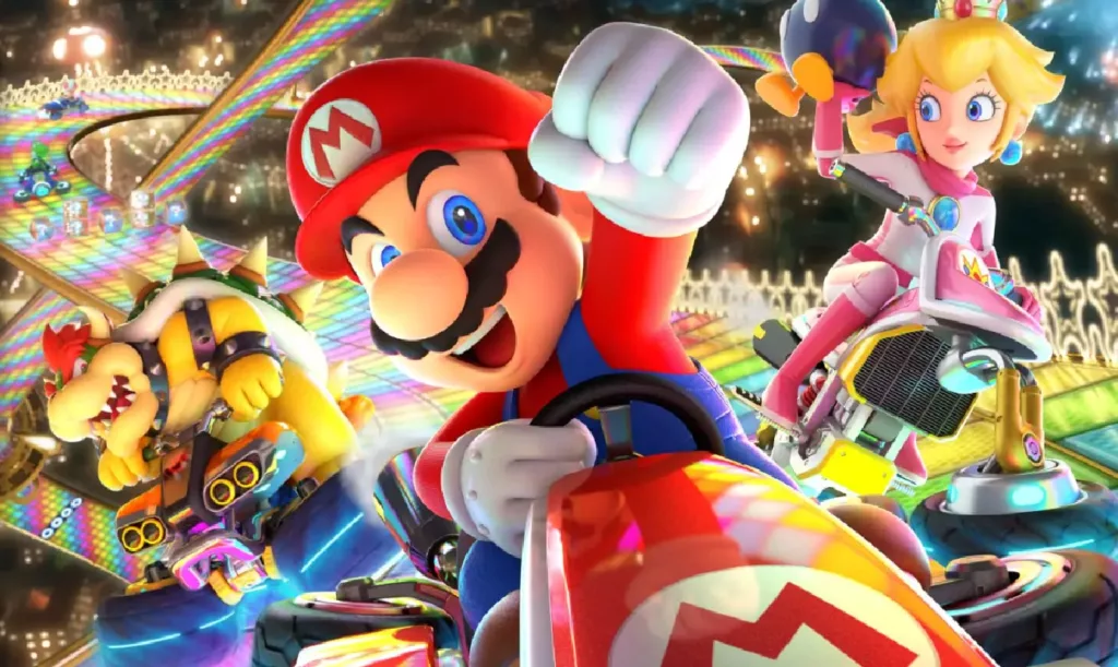 Mario, Bowser, and Princess Peach in Mario Kart 8 Deluxe.