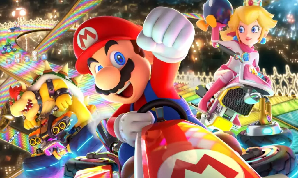 Screenshot of Mario, Princess Peach and Bowser from Mario Kart 8 Deluxe.