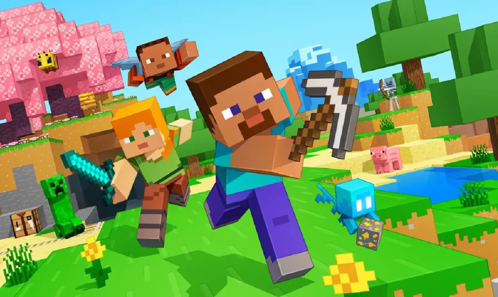 Three Minecraft characters running with weapons.